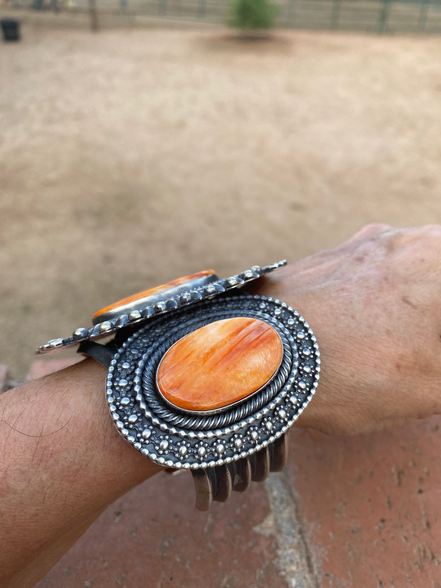 Beautiful Handcrafted Orange Spiny & Sterling Silver Cuff Bracelet Signed