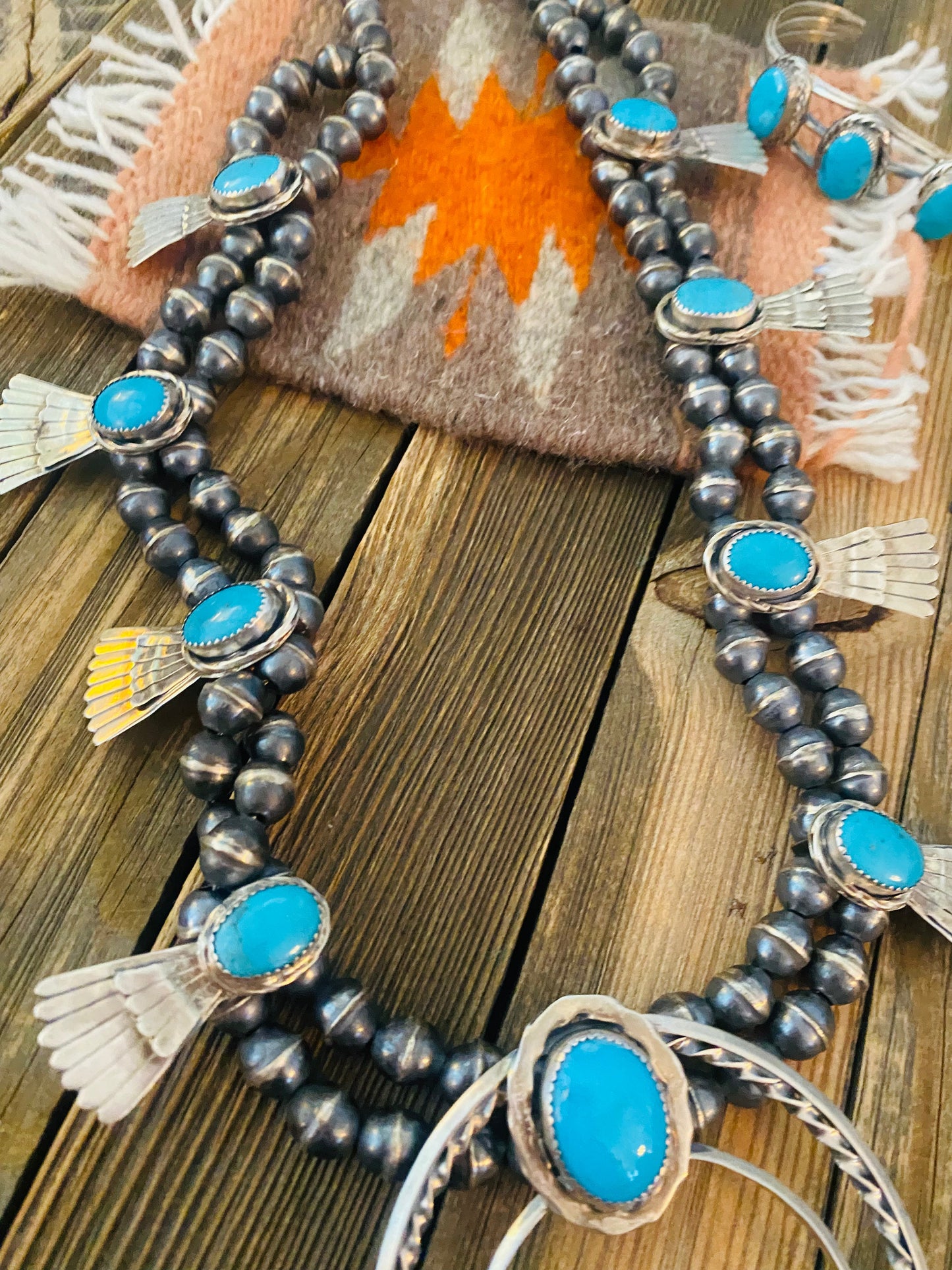 Old Pawn Vintage Handcrafted Turquoise And Sterling Silver 4 Piece Set