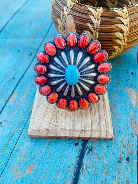 Handcrafted Red Spiny, Turquoise & Sterling Silver Adjustable Ring