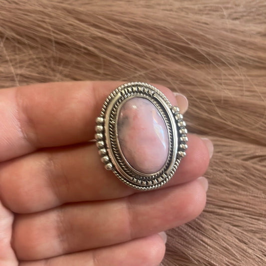 Gorgeous Handcrafted Pink Peruvian Opal And Sterling Silver Adjustable Ring