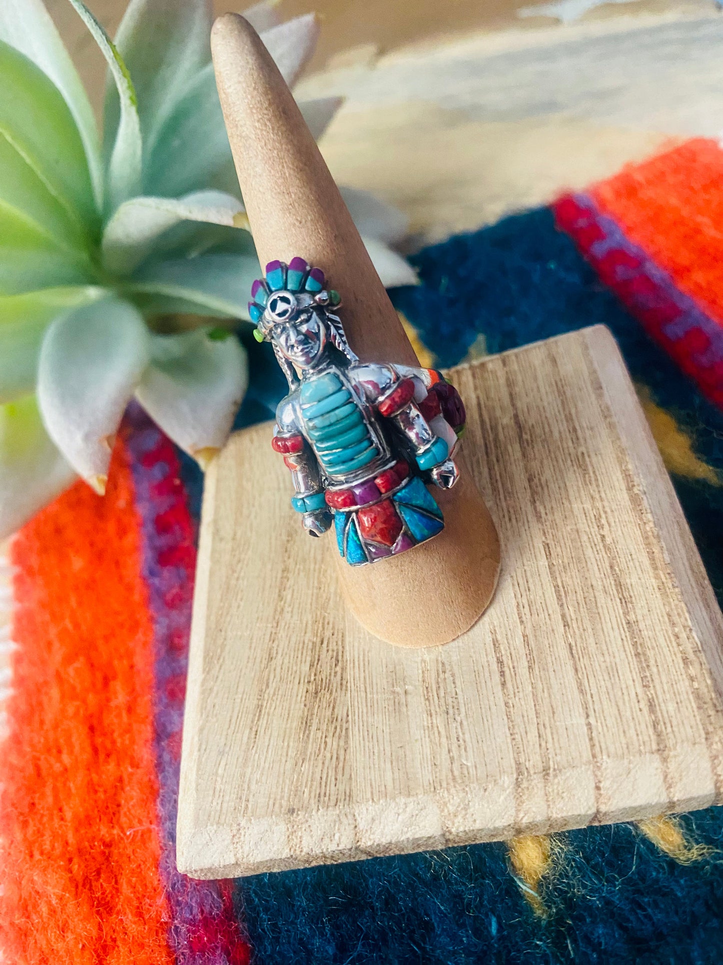 Handmade Sterling Silver & Multi Stone Inlay Indian Chief Ring Size 7.5