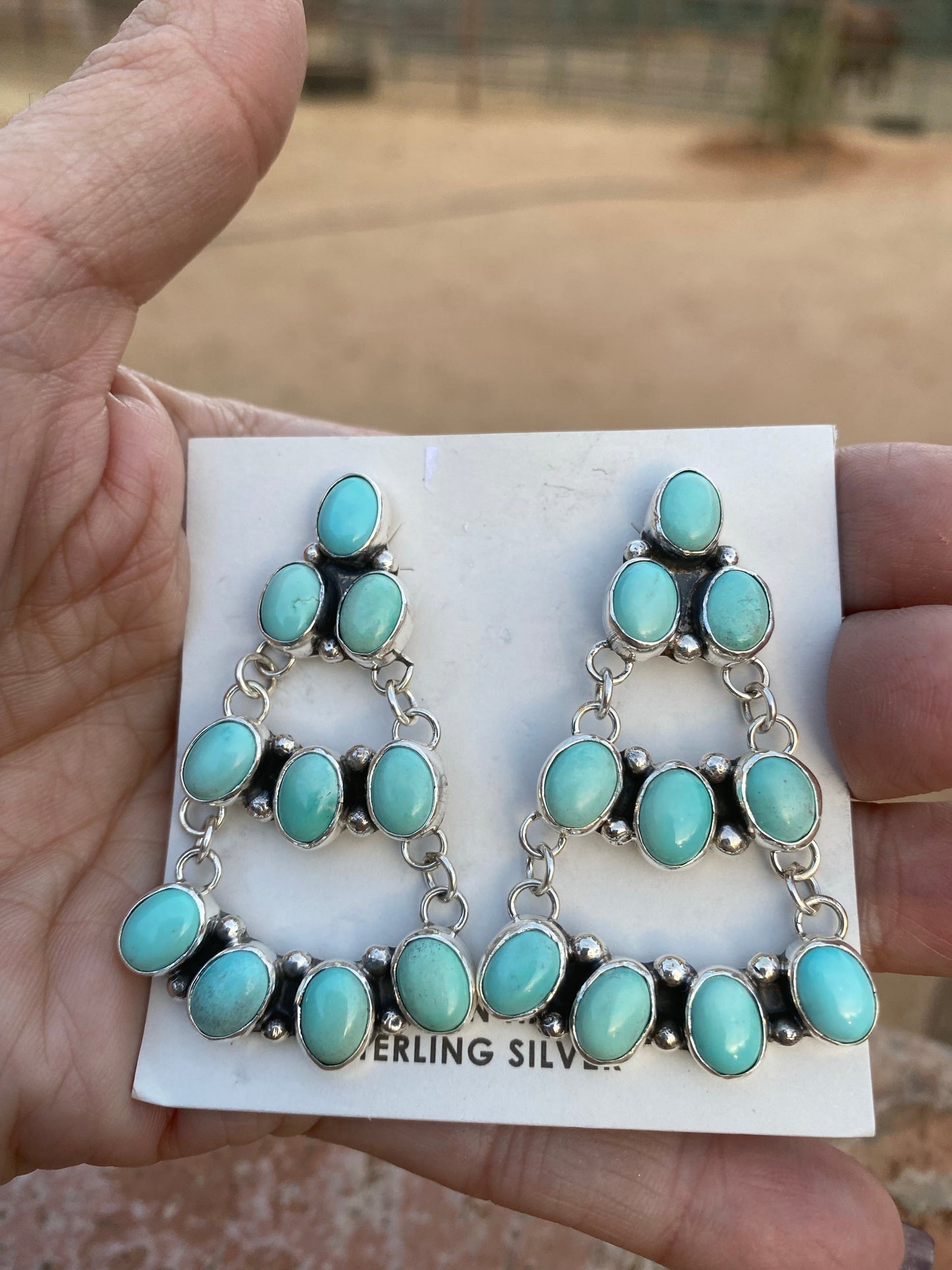 Navajo Carico Lake Turquoise & Sterling Silver Cluster Dangle Earrings Signed
