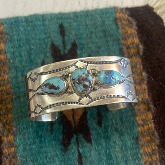 Handcrafted Golden Hills Turquoise & Sterling Silver Cuff Bracelet Signed /