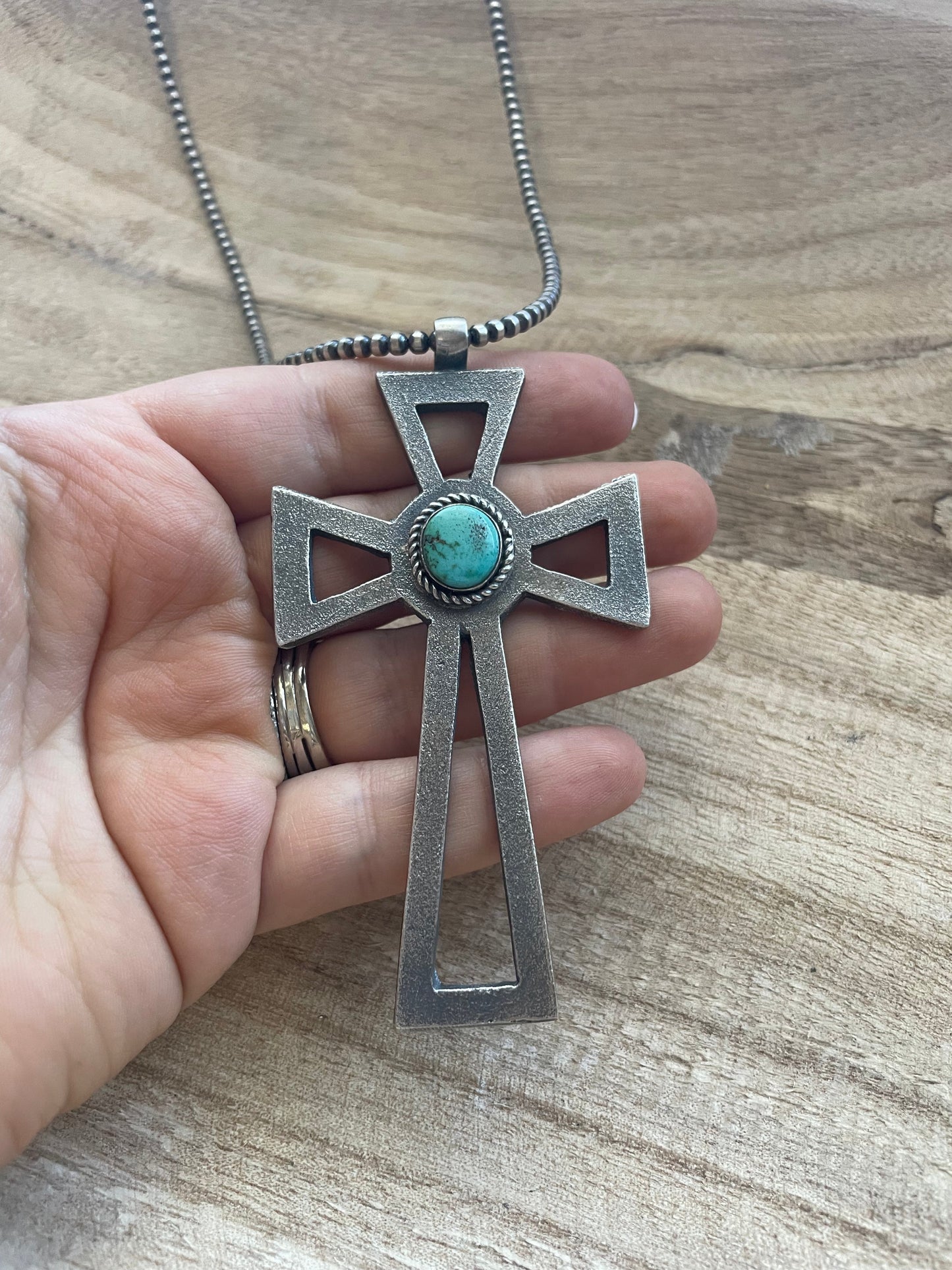 Handcrafted Sterling Silver & Turquoise Cross Pendant Signed Eugene Mitchell