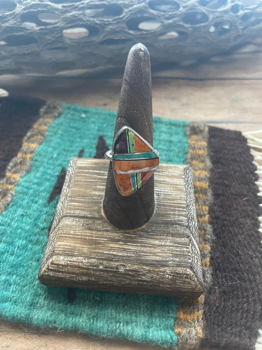 Handcrafted Sterling Silver & Multi Stone Inlay Ring Size 7.5