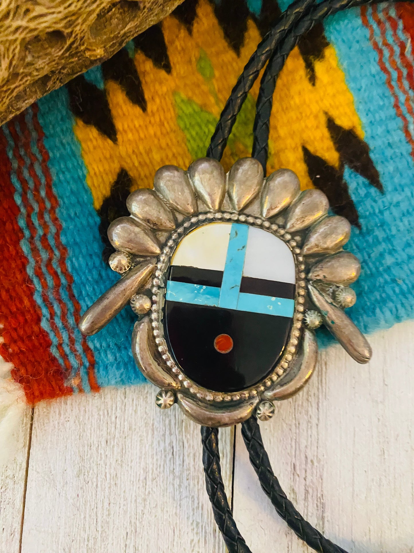 Vintage Handcrafted Sterling Silver & Multi Stone Inlay Bolo Tie