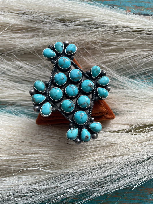 Handcrafted Turquoise & Sterling Silver Statement Cluster Adjustable Ring