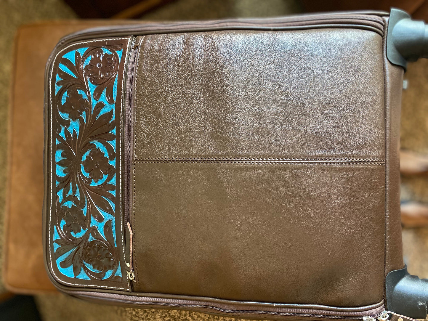 Chocolate Leather and Turquoise Carry On Roller Bag