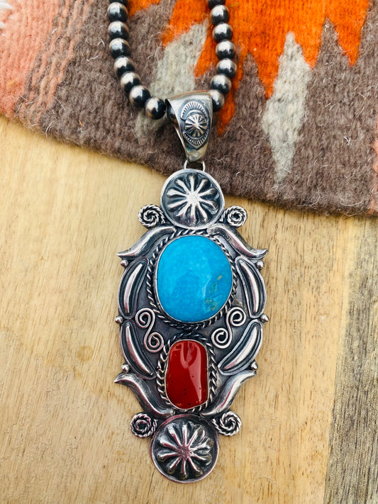 Handcrafted Sterling Silver, Kingman Turquoise & Coral Pendant Signed