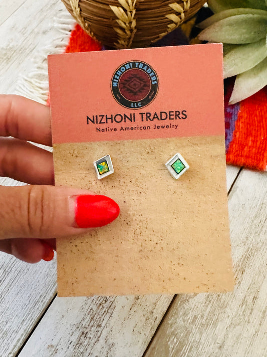 Handcrafted Mother of Pearl Green Opal & Sterling Silver Diamond Inlay Stud Earrings