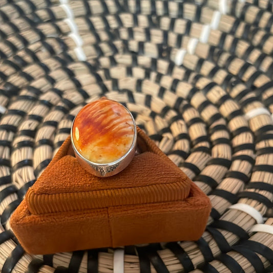 Handcrafted Sterling Silver & Orange Spiny Ring Size 6.5