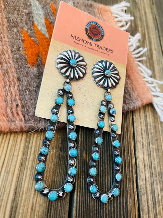 Handcrafted Sterling Silver & Turquoise Concho Dangle Earrings By Eugene Charley