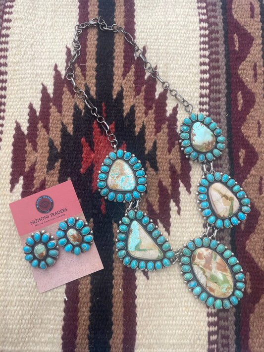 Handcrafted Sterling Silver Turquoise Necklace & Earring Set Signed B Yellowhorse