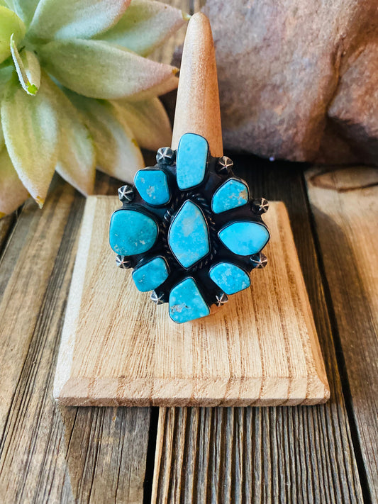 Handcrafted Kingman Turquoise & Sterling Silver Cluster Ring Size 8.5