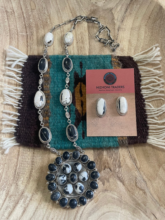 Handcrafted White Buffalo & Sterling Silver Necklace Earrings Set Signed