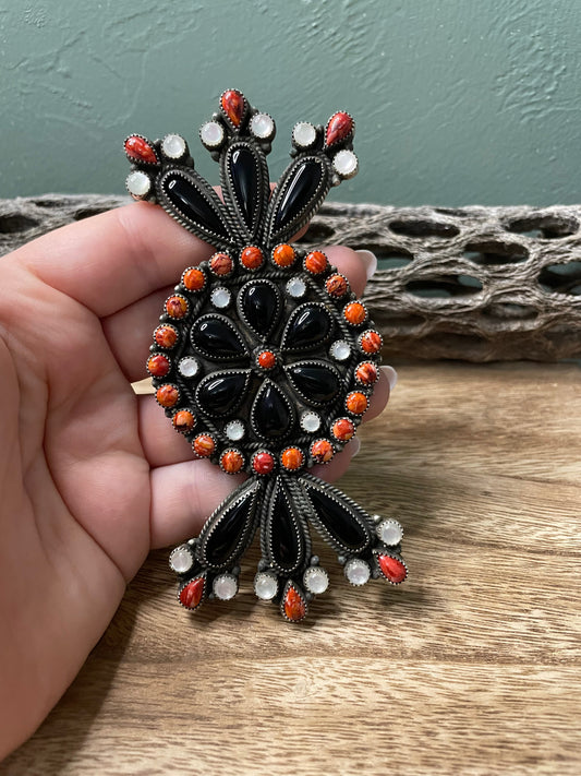 Handcrafted Sterling Silver Black Onyx And Orange Spiny Statement Ring Size 8 By Devon Brown