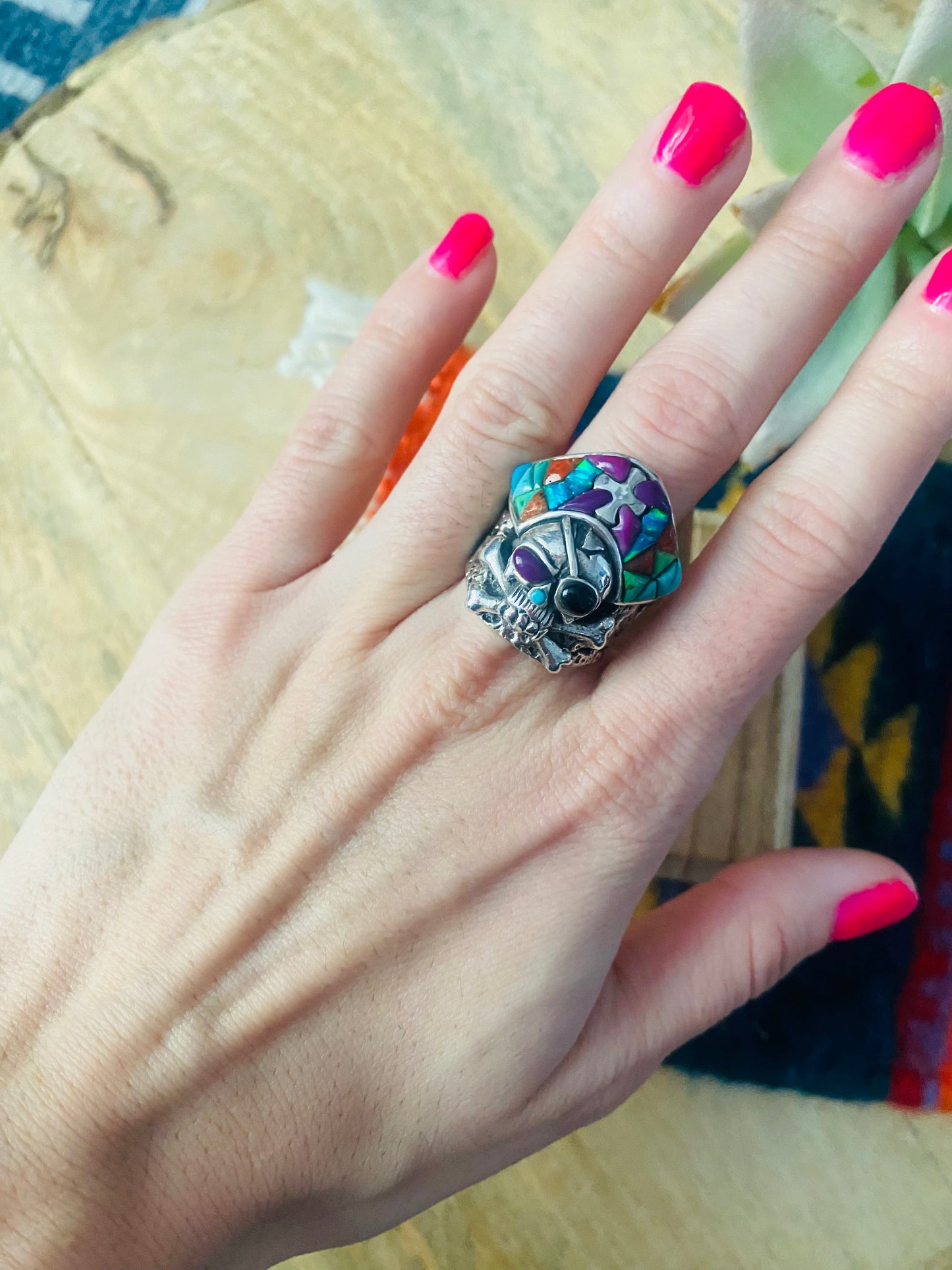 Handmade Sterling Silver & Multi Stone Inlay Skull Ring Size 7.5