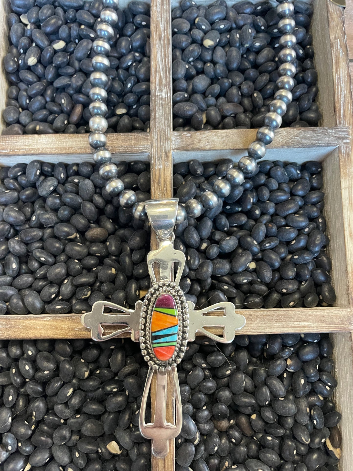 Handcrafted Multi Stone Inlay & Sterling Silver Cross Pendant Signed