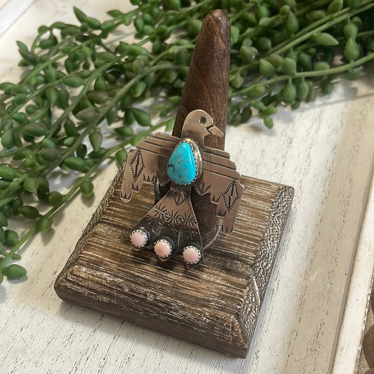Handcrafted Thunderbird Sterling Silver, Pink Conch & Turquoise Adjustable Ring Signed