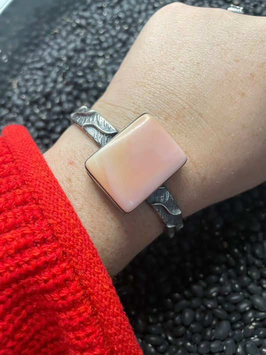 Handcrafted Pink Conch & Tufa Cast Cuff Bracelet Signed