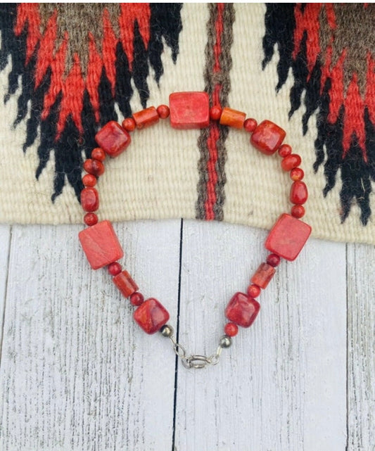 Handcrafted Apple Coral & Sterling Silver Beaded Bracelet