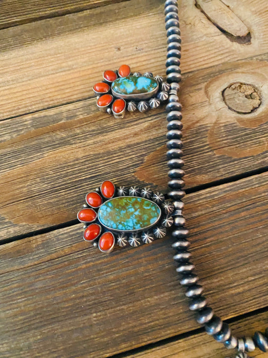 Handcrafted Sterling Kingman Turquoise & Natural Red Coral Necklace Taos Collection
