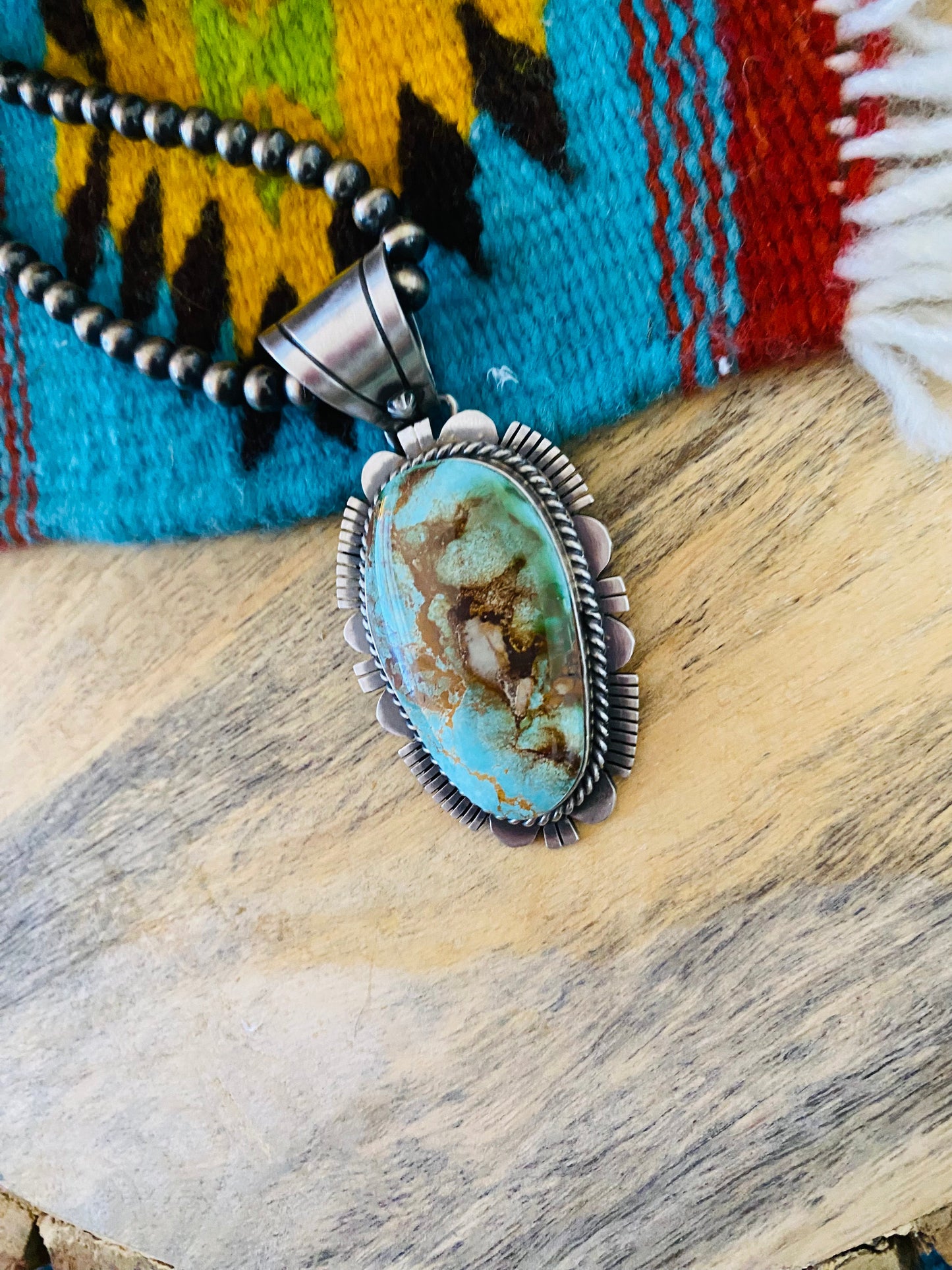 Handcrafted Royston Turquoise and Sterling Silver Pendant by Russell Sam