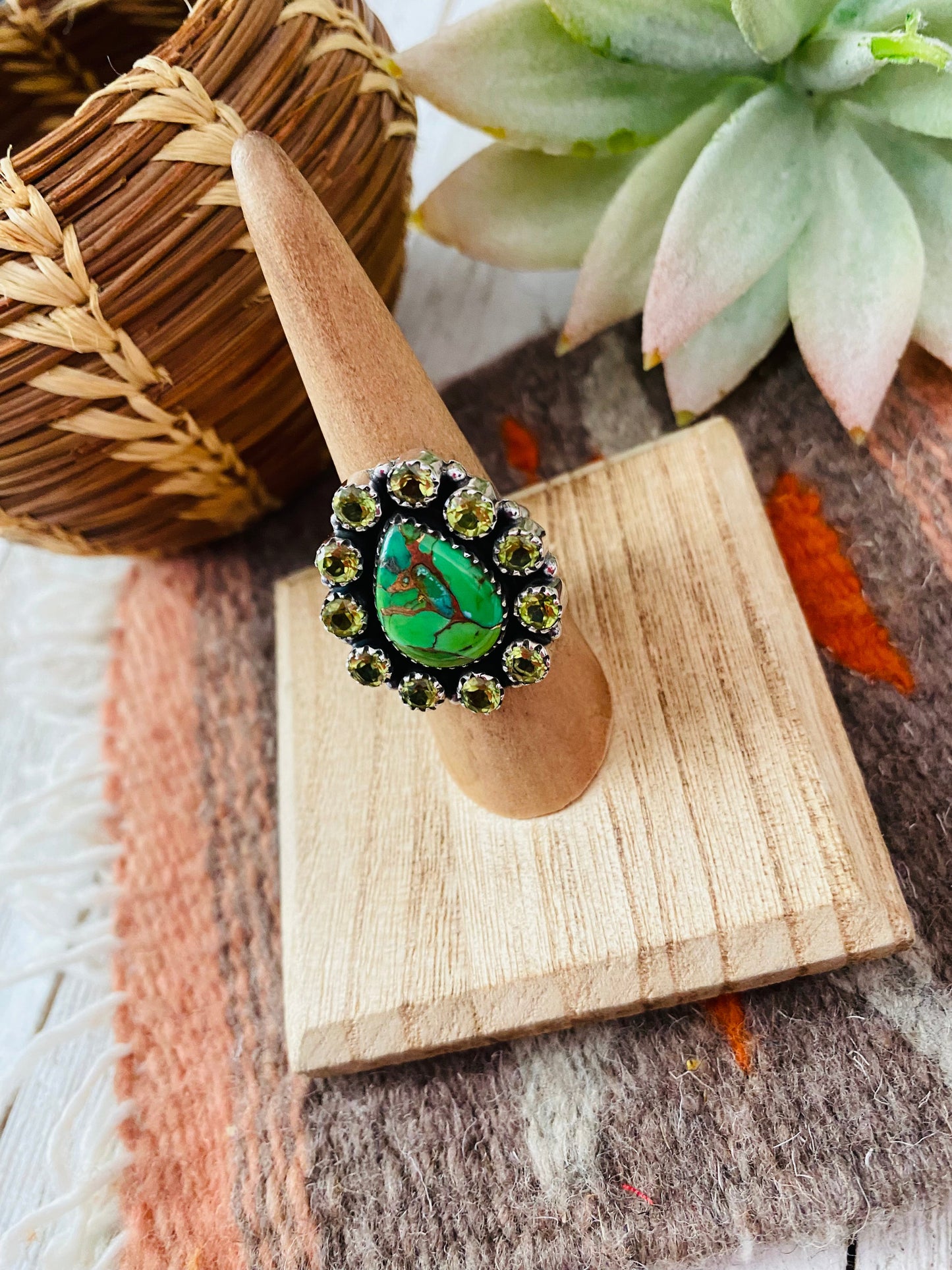 Handmade Sterling Silver, Gaspeite & Peridot Cluster Adjustable Ring