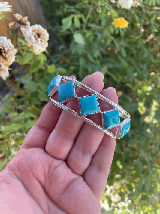 Handcrafted 6 Stone Diamond Shape Turquoise & Sterling Silver Cuff Bracelet Signed /