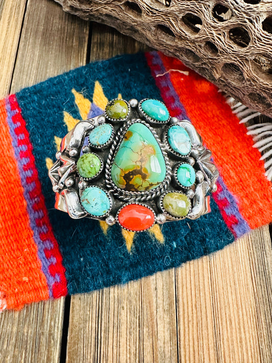Handcrafted Old Pawn Turquoise, Coral & Sterling Silver Cuff Bracelet /