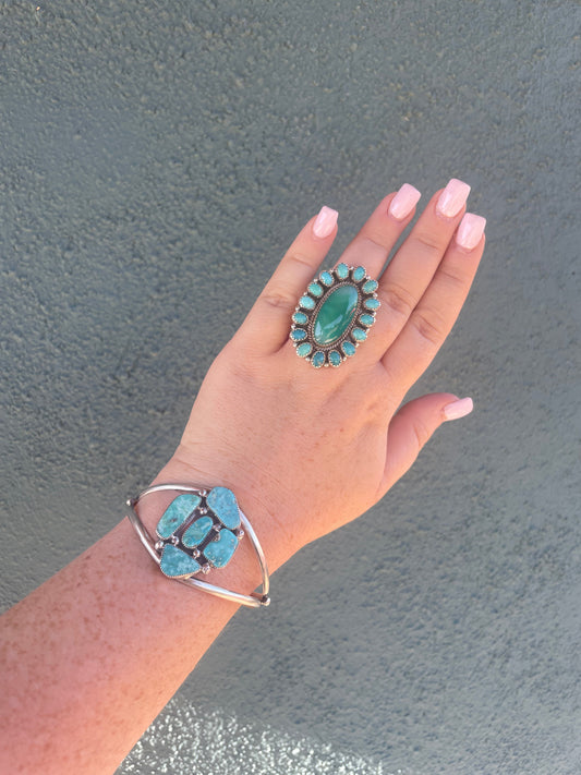 “The Jessi” Handcrafted Turquoise & Sterling Cluster Adjustable Cuff By J Begay