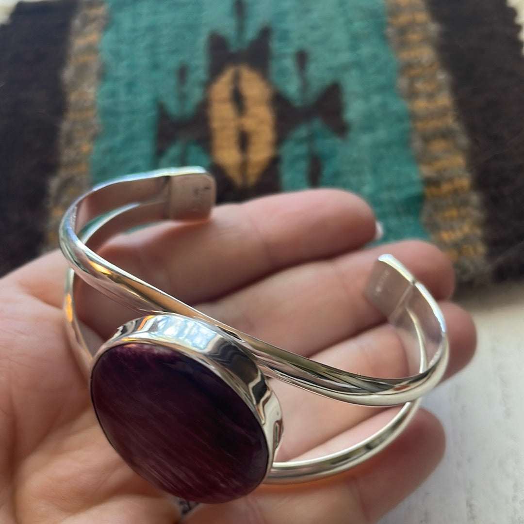 Navajo Sterling Silver & Purple Spiny Cuff Bracelet Signed