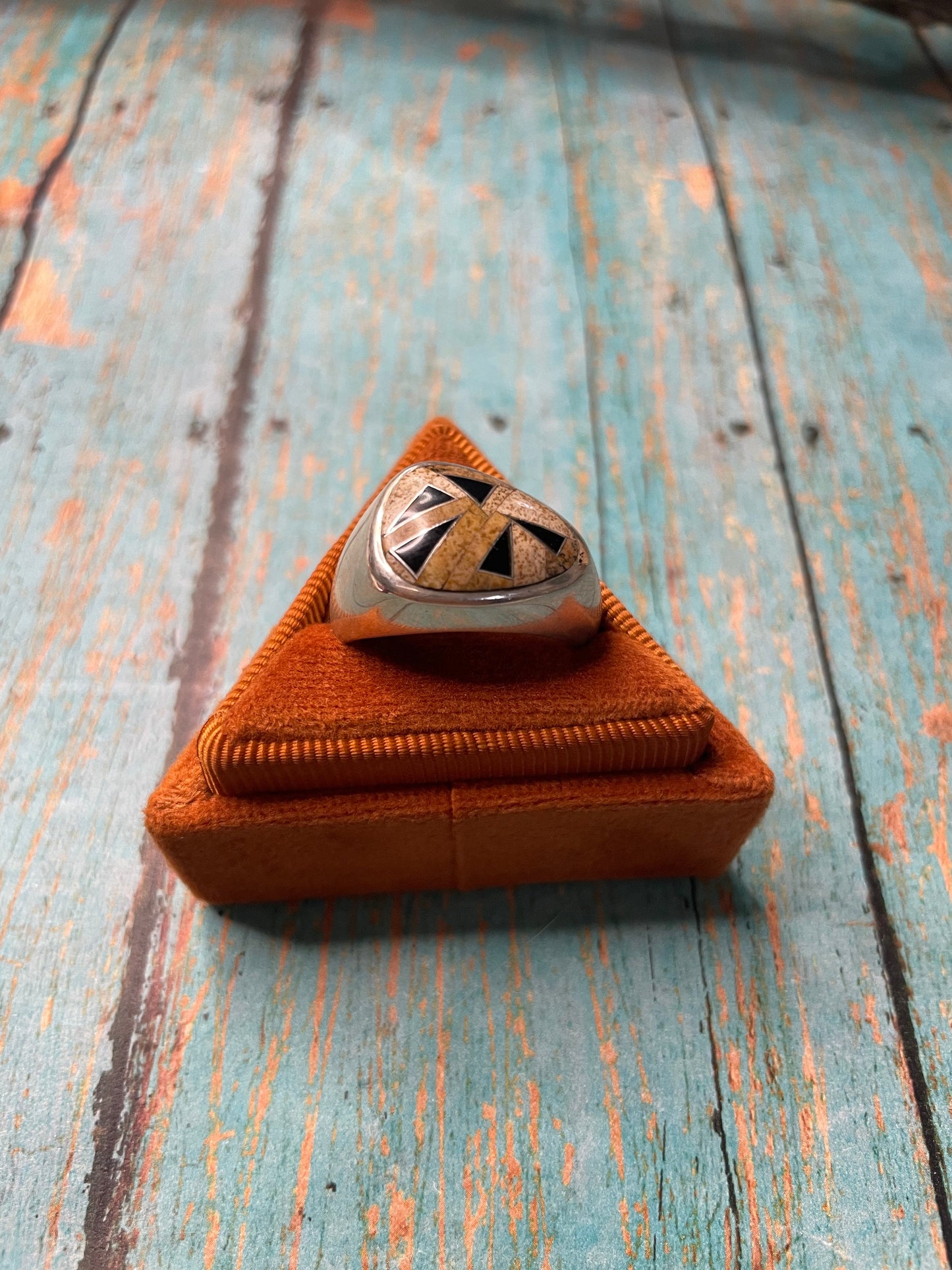 Old Pawn Handcrafted Sterling Silver, Tiger Eye & Onyx Ring Size 10.5