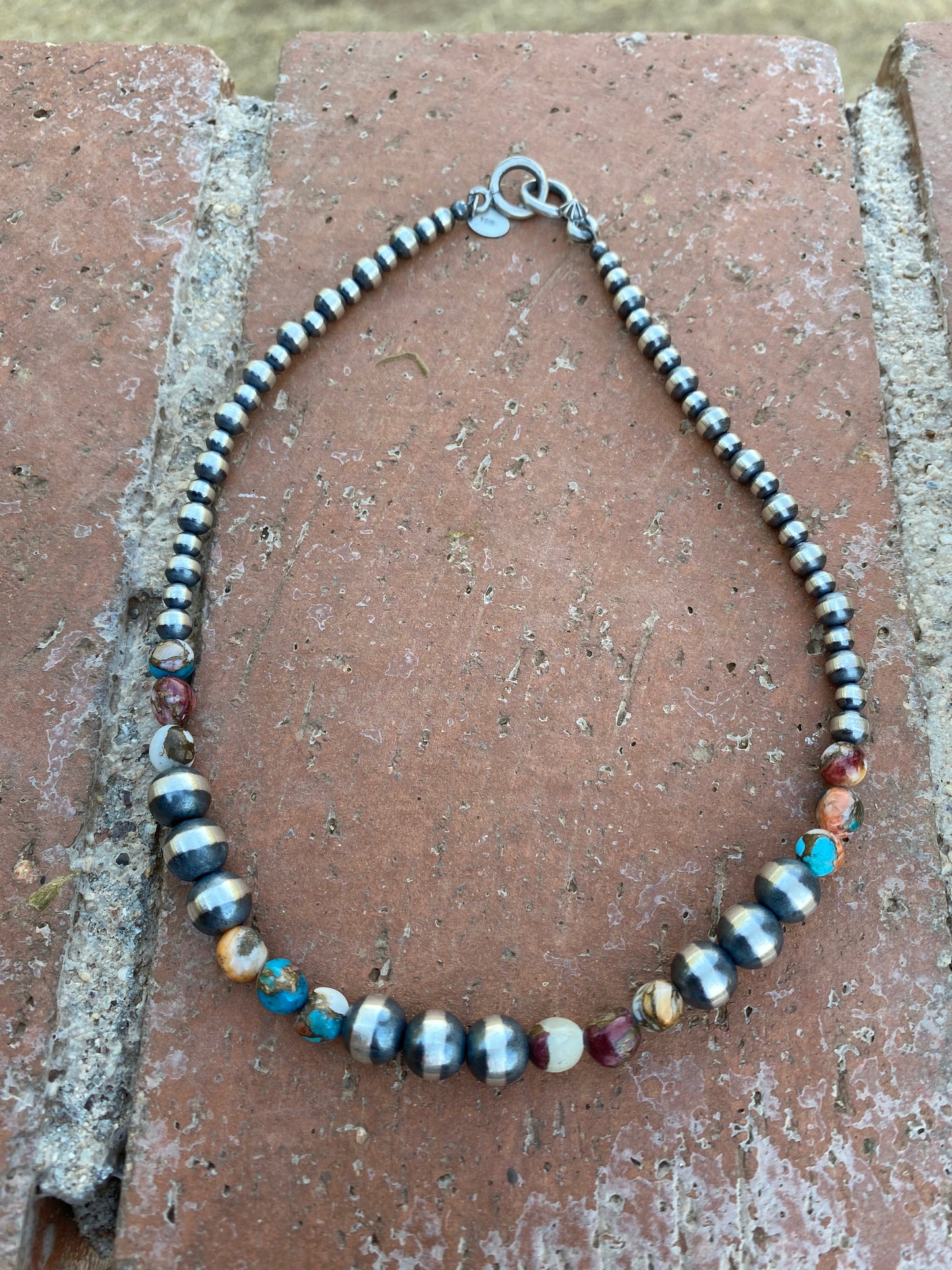 Handcrafted Turquoise & Spiny Spice Sterling Silver Beaded Necklace 14 inch