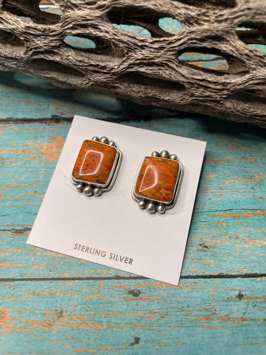 Handcrafted Apple Coral And Sterling Silver Post Earrings Signed