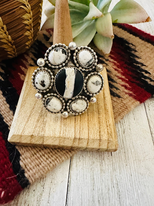 Handcrafted Sterling Silver And White Buffalo Cluster Adjustable Ring