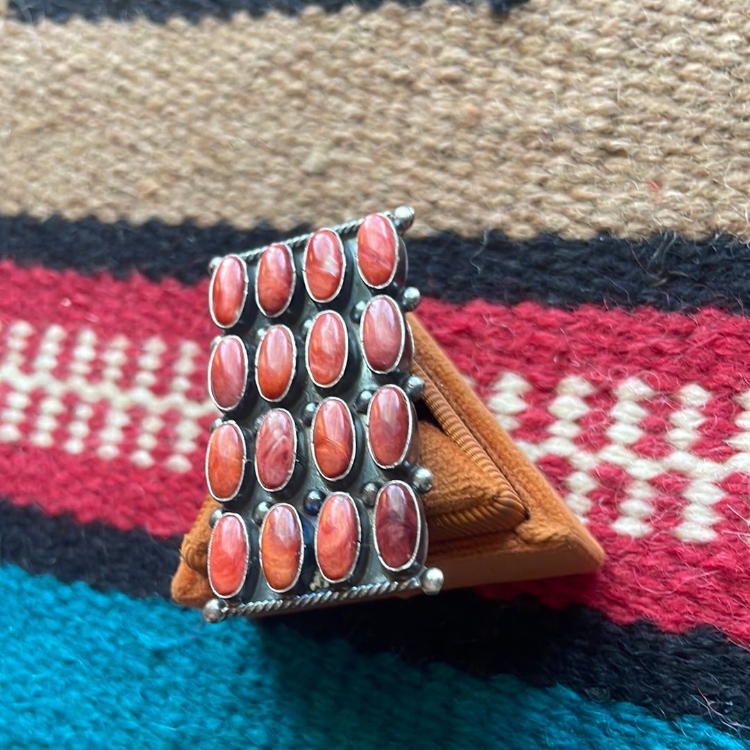 Navajo Sterling Silver & Red Spiny Cluster Ring Size 8.5 Signed Jacquline Silver