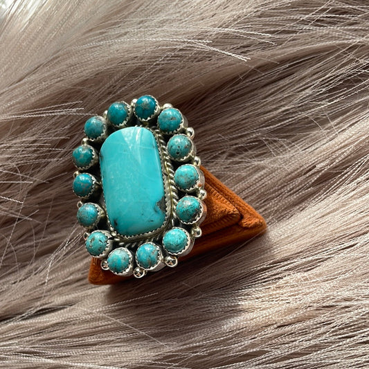 Handcrafted Turquoise & Sterling Silver Ring Size 8.5 Signed Robert Shakey