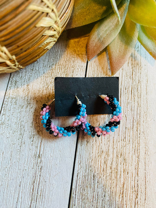Handcrafted Handmade Beaded Hoop Earrings- Lt blue, pink