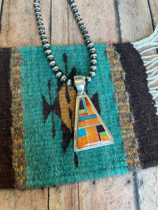 Handcrafted Multi Stone Inlay & Sterling Silver Pendant