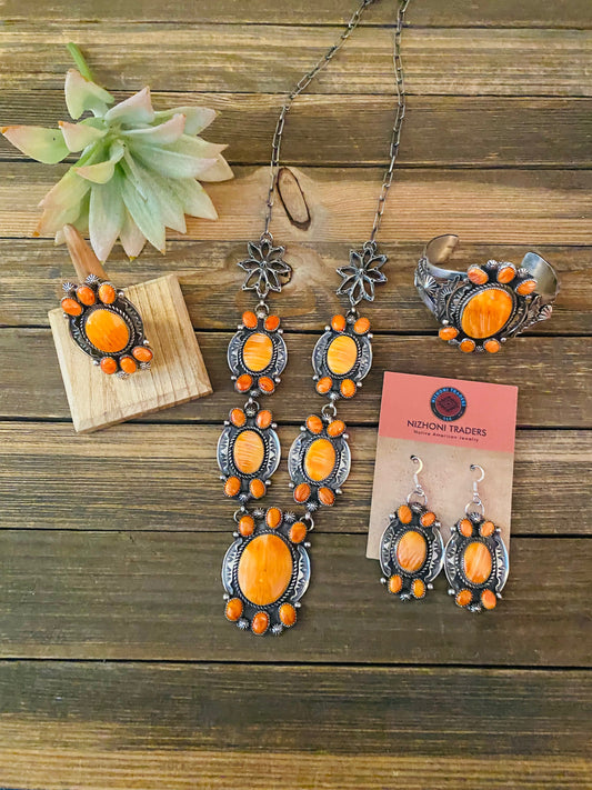 Handcrafted Orange Spiny And Sterling Silver 4 Piece Set by Kevin Billah