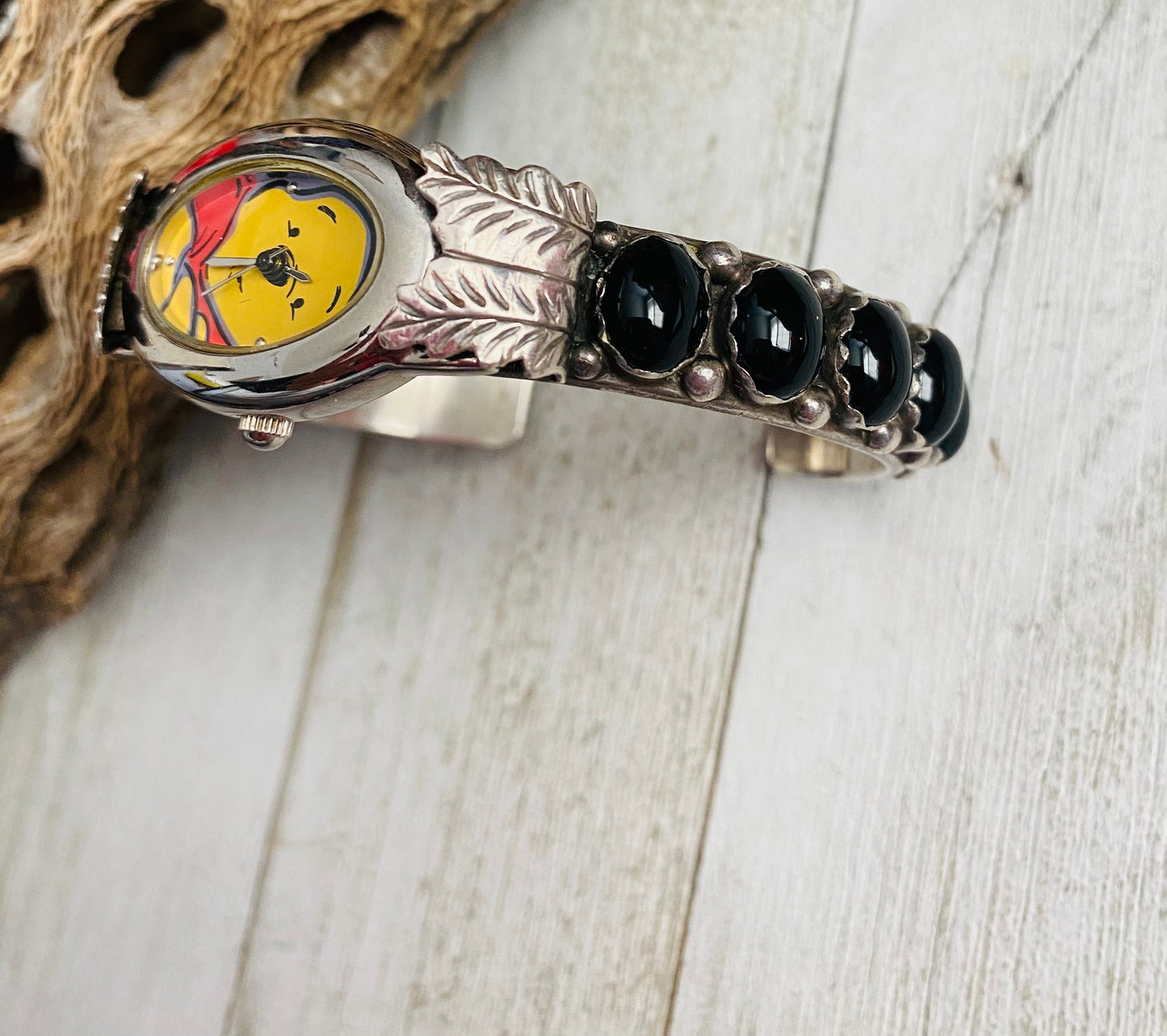 Old Pawn Vintage Handcrafted Onyx & Sterling Silver Watch Cuff