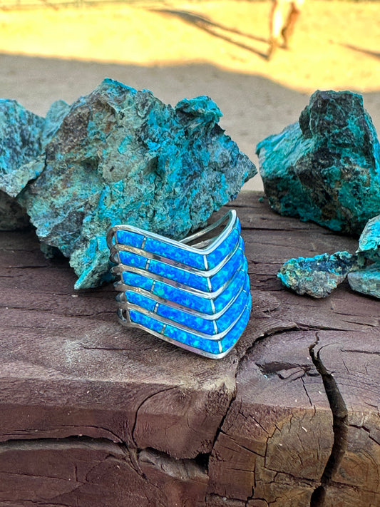 Handcrafted 5 Row Sterling Silver & Blue Opal Inlay Stacker Ring