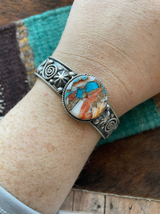 Handcrafted Multi Stone Spice & Sterling Silver Cuff Bracelet Signed Jacquline Silver