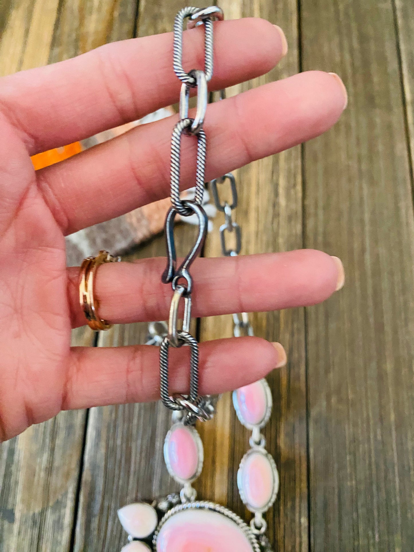 Handcrafted Queen Pink Conch Shell And Sterling Silver Cluster Necklace