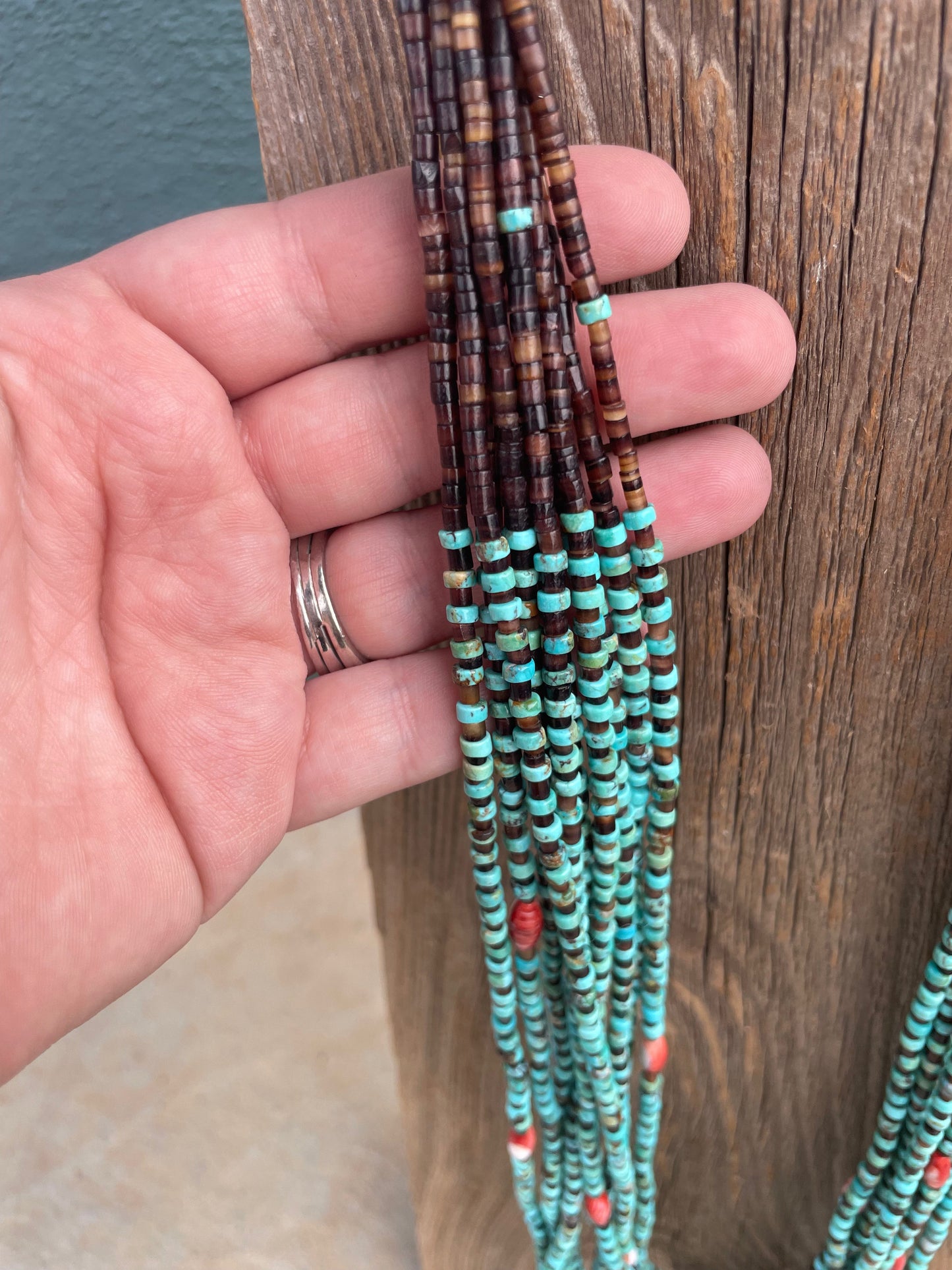 Handcrafted Turquoise, Spiny And Heishi Ten Strand Beaded Necklace