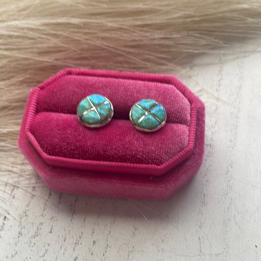 Handcrafted Green Opal Inlay & Sterling Silver Stud Earrings