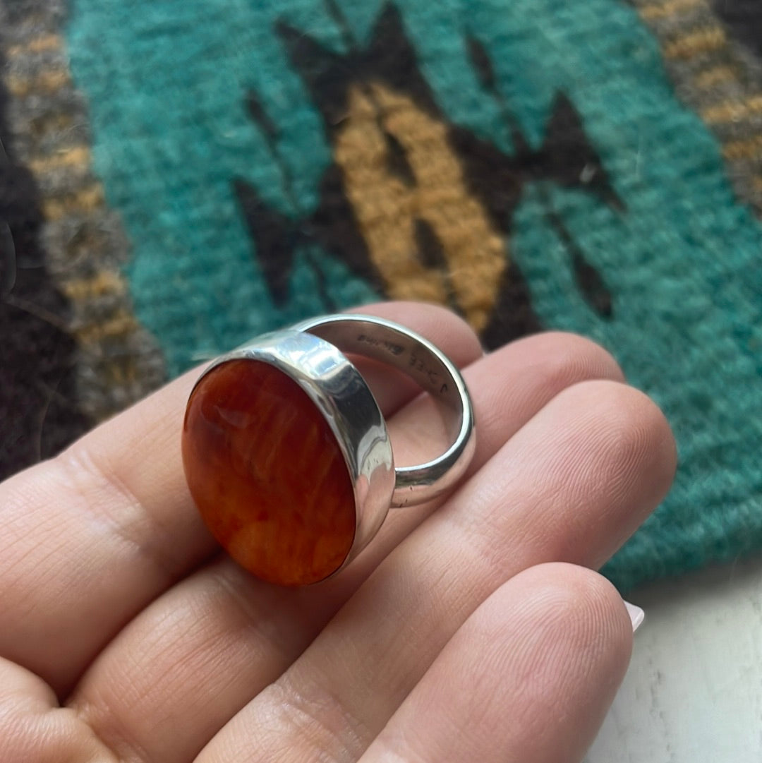 Handcrafted Sterling Silver & Orange Spiny Ring Size 7.5