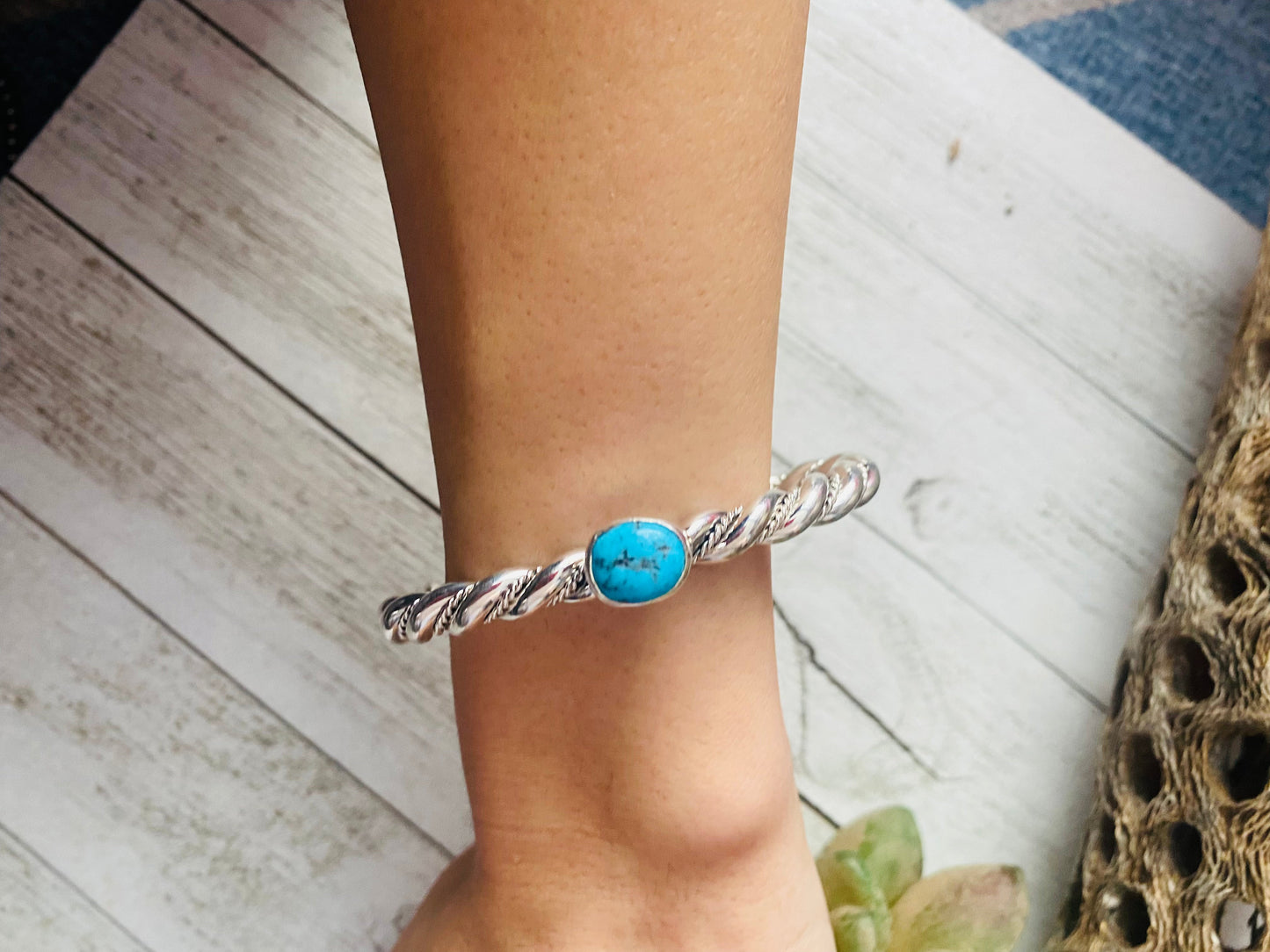 Handcrafted Twisted Sterling Silver & Kingman Turquoise Cuff Bracelet