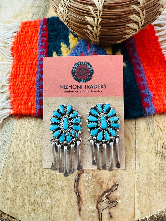 Handcrafted Sterling Silver & Turquoise Cluster Dangle Earrings